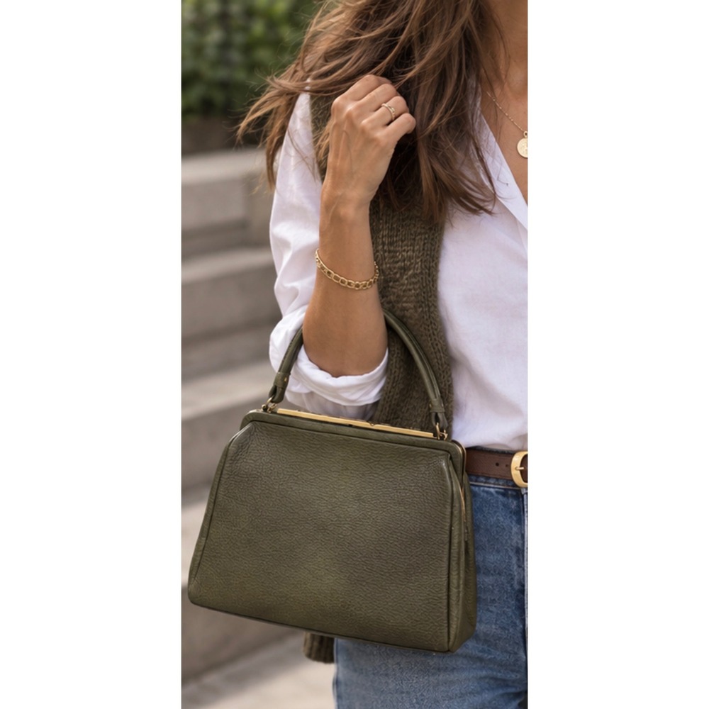 Vintage Olive Green Pebbled Leather Frame Handbag Gold Hardware Top Handle Bag